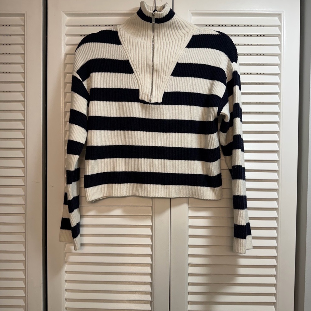 Mango Navy and White Striped Turtleneck Sweater